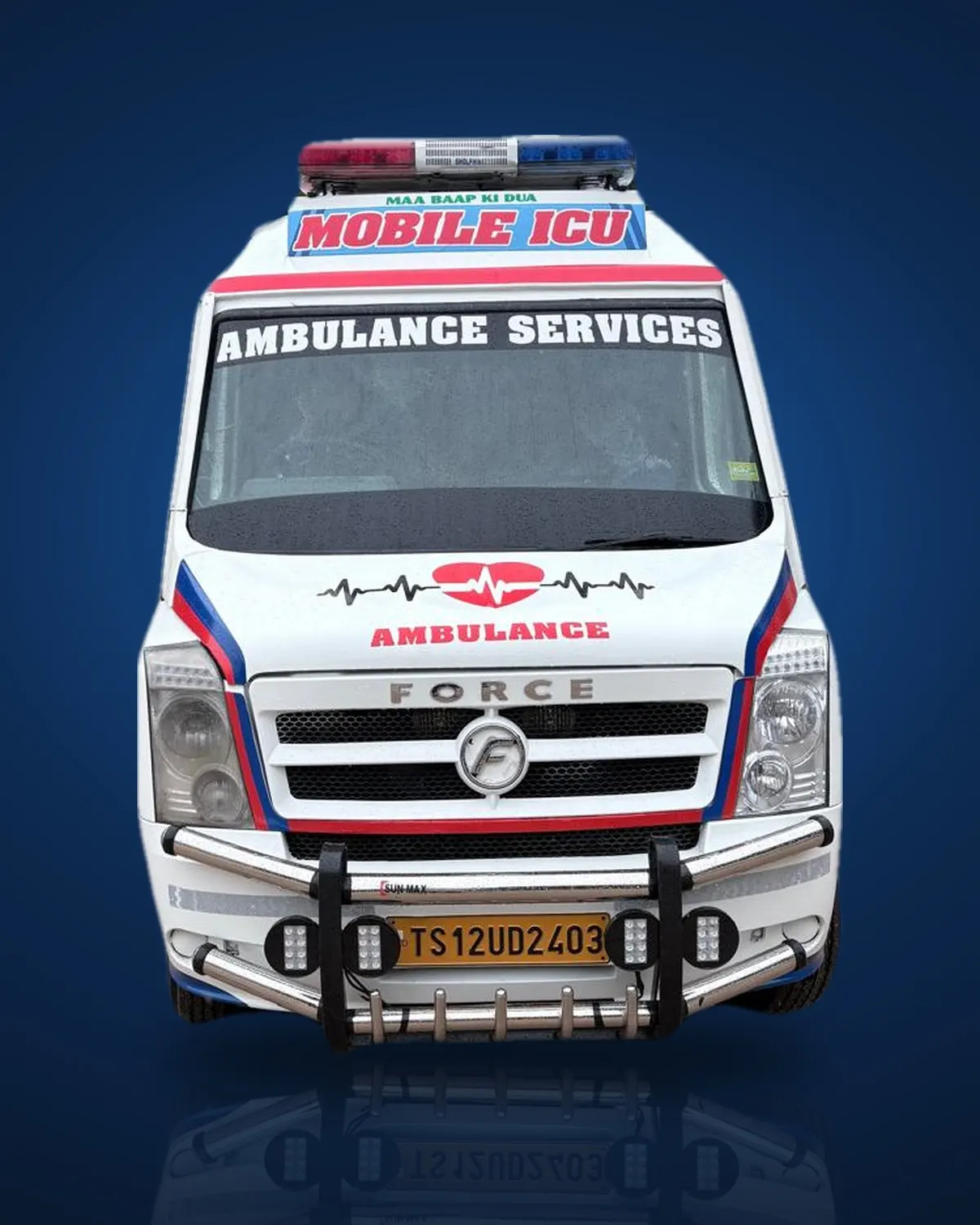 Front of the Sri Loukya ambulance marked Mobile ICU and Ambulance Services